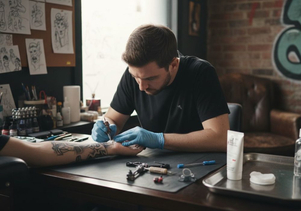 Tattoo artist applying anesthetic cream in studio