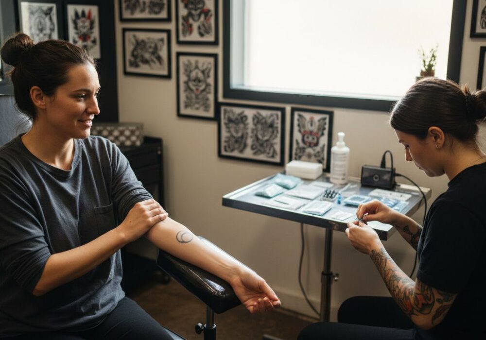 Woman preparing for arm tattoo session