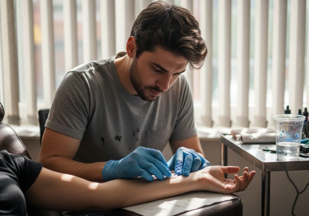 Tattoo artist applying anesthetic cream to arm