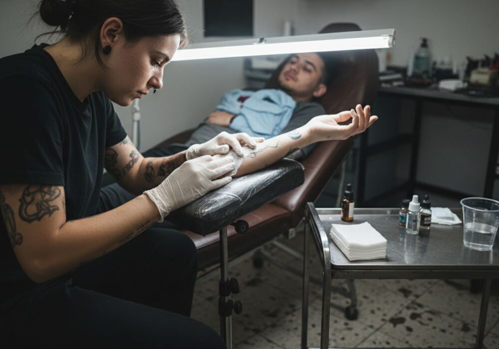 Tattoo artist applying anesthetic cream on client