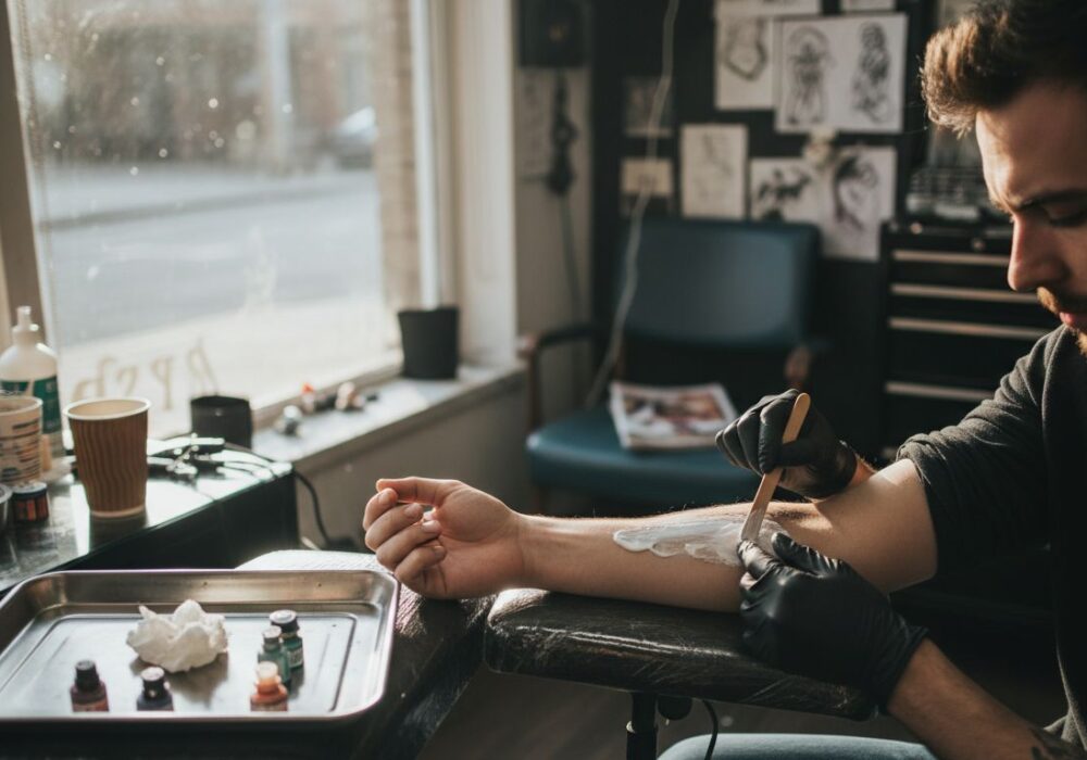 Tattoo artist applying cream before session
