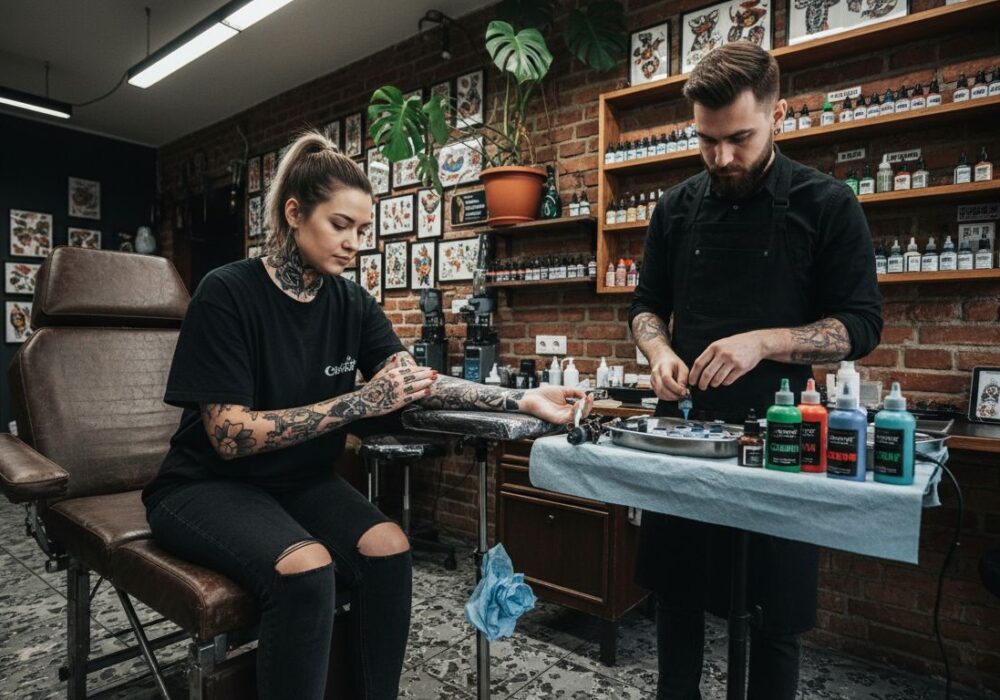 Žena si v tetovacom štúdiu nanáša znecitlivujúci krém na pokožku.