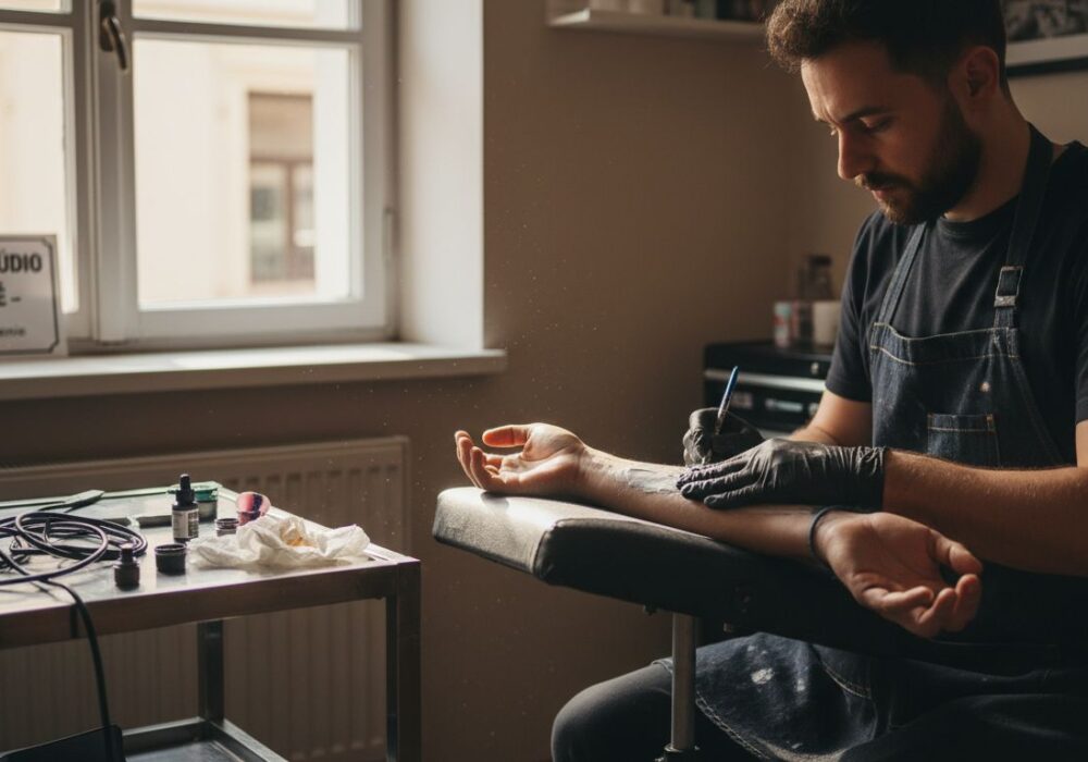 Tatér nanáša anestetický krém na predlaktie pred tetovaním.