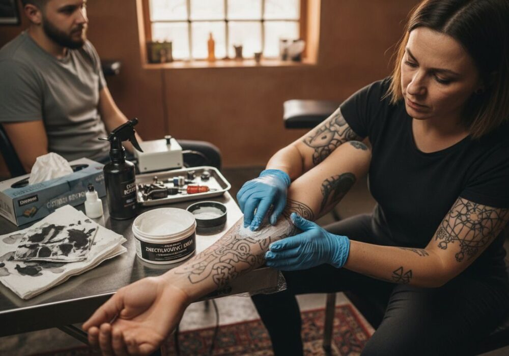 Tatér natiera klientovi ruku znecitlivujúcim krémom pred tetovaním.