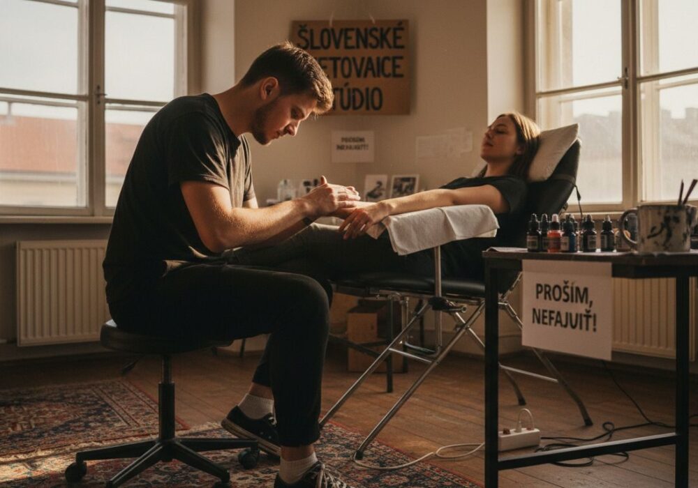 Tatér natiera zákazníkovi pred tetovaním znecitlivujúci krém, aby bol zákrok čo najpríjemnejší.