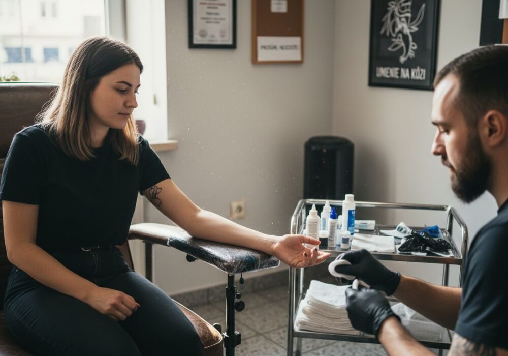 Tatér pripravuje zákazníka na tetovanie.
