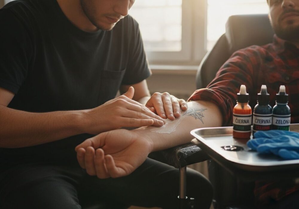Tatér natiera klientovi ruku znecitlivujúcim gélom pred tetovaním.