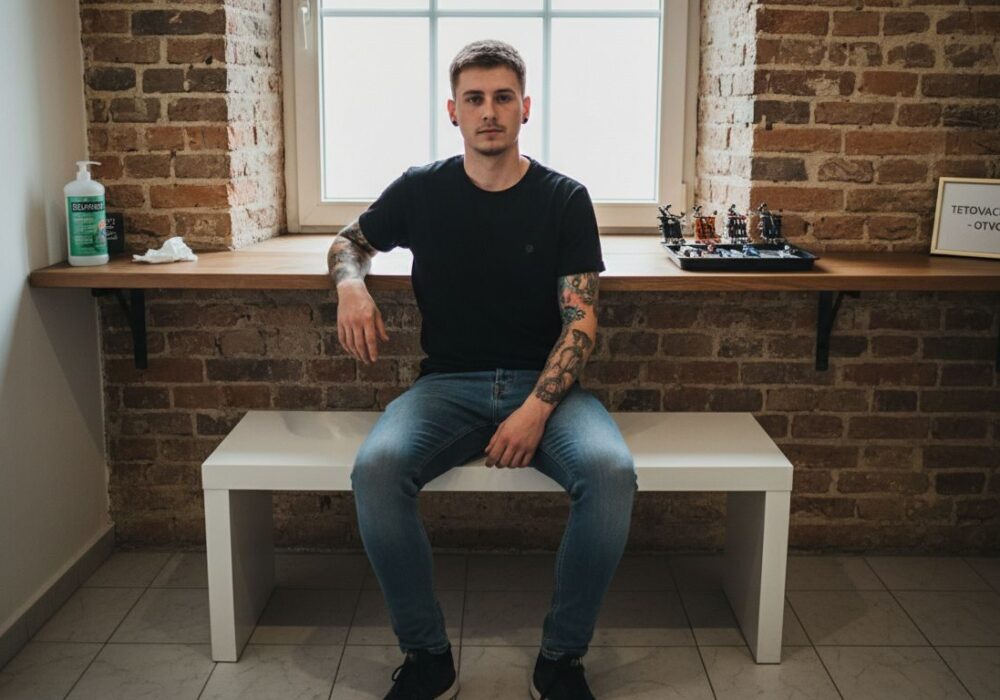 Muž sedí v tetovacom štúdiu a čaká, kým príde na rad na svoje tetovanie.