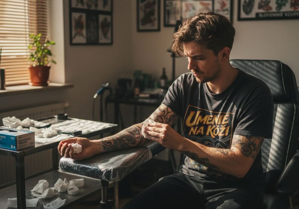 Zákazník si pred tetovaním čistí pokožku dezinfekčnými obrúskami.