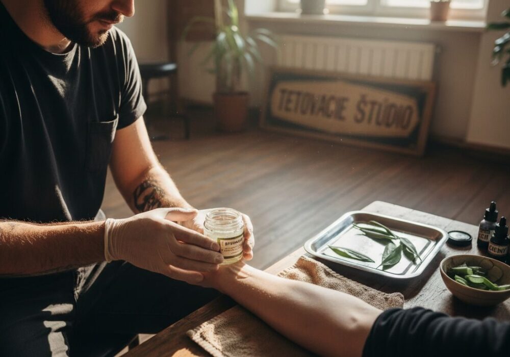 Tatér nanáša bylinkový gél na znecitlivenie pokožky.